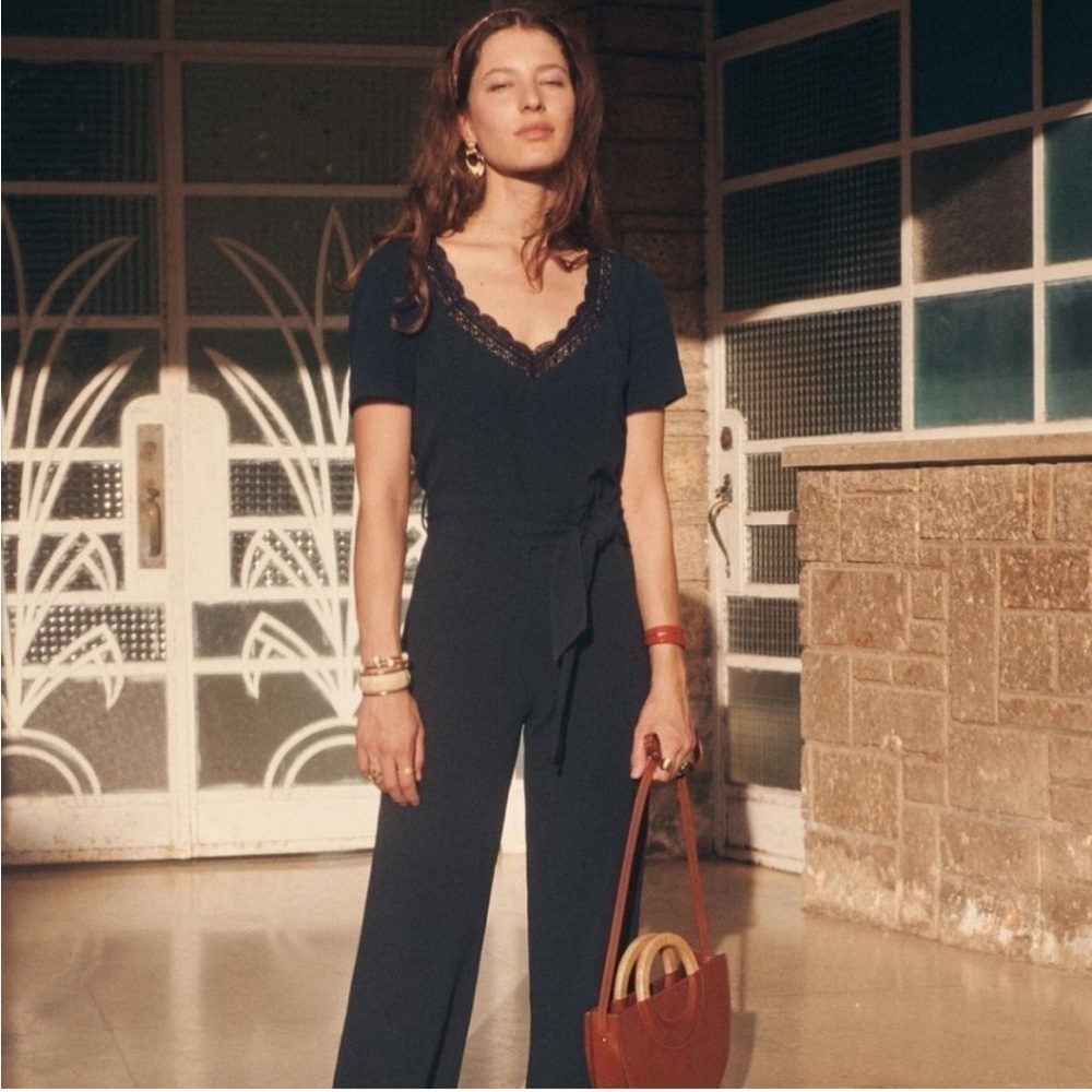 Sezane Louis Jumpsuit Navy Blue Lace Trim Tie Waist Short Sleeve Sz 34